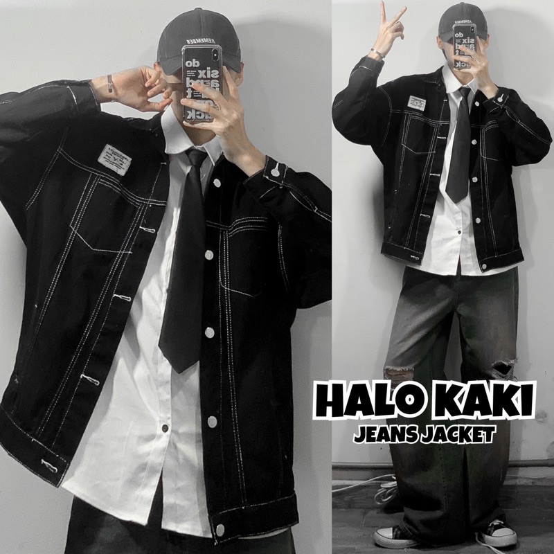 ÁO KHOÁT JEANS  ĐEN CHỈ NỔI TRẮNG HOT TREND HALO KAKI