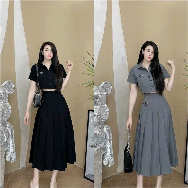 Set váy nữ thời trang mặc đi chơi áo croptop cài nút mix chân váy xếp ly dài chất cotton lạnh