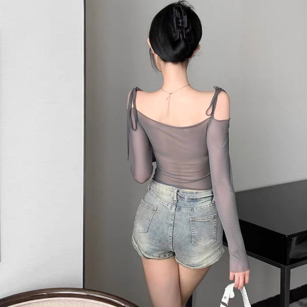 Áo trễ vai nữ áo lưới ghi trễ vai có đệm mút ALTV-GHI