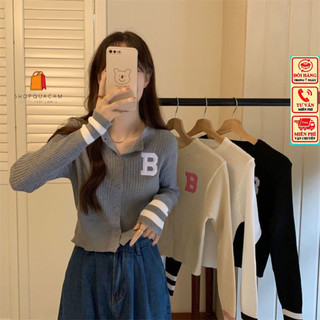 Áo Khoác Cardigan Dệt Kim Tay Dài Cổ Tròn Thêu Chữ B Phối Tay Sọc Màu Sắc Tương Phản Phù Hợp Mọi Lứa Tuổi Shopquacam