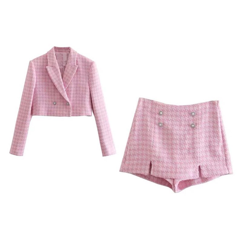 (ORDER) Set dạ tweed Zr Áo khoác blazer lửng+Quần giả váy