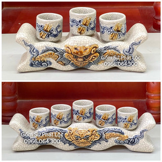 Bộ kỷ chén thờ men rạn đắp nổi Bát Tràng, bộ kỷ 3 chén, kỷ 5 chén thờ cúng