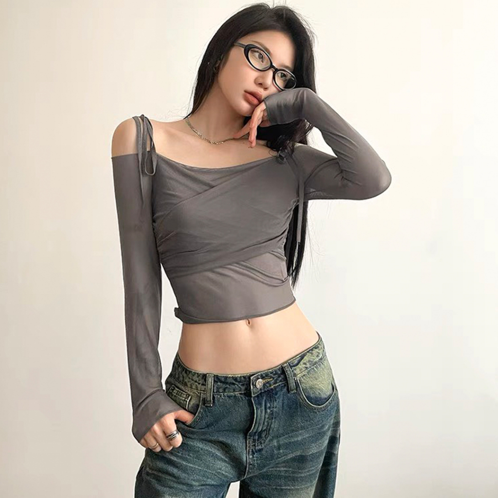 Áo trễ vai nữ áo lưới ghi trễ vai có đệm mút ALTV-GHI