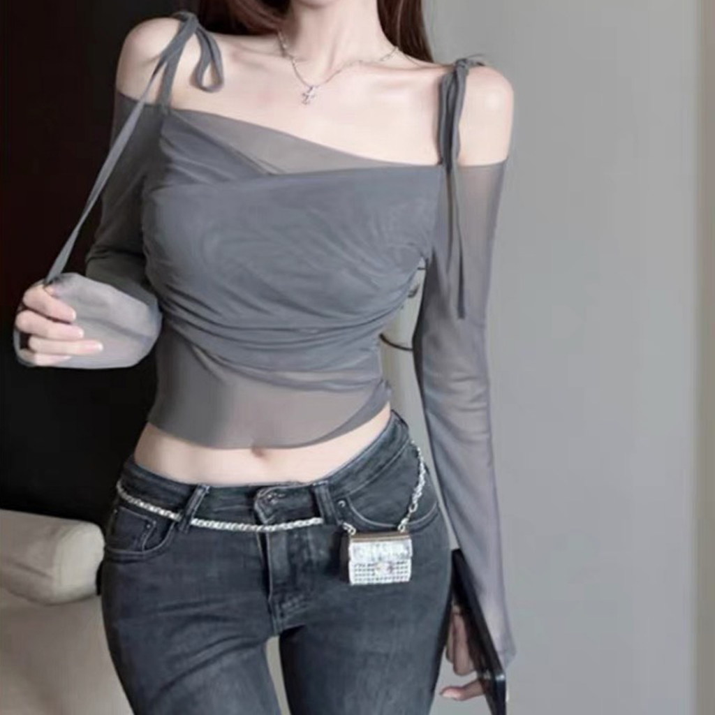 Áo trễ vai nữ áo lưới ghi trễ vai có đệm mút ALTV-GHI