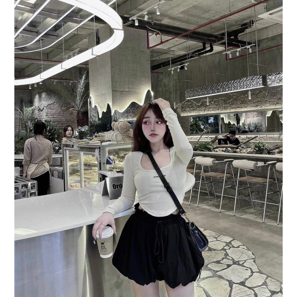 Set Áo Thun Tăm Dài Tay cổ U Thêu Chữ Co Giãn Mix Quần Bom Đùi Hai Lớp , Sét bộ đùi nhấn viền siêu hot_GIÁ RẺ_LR239