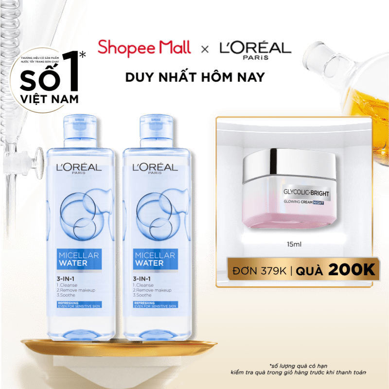 Bộ 2 nước tẩy trang đa năng 3in1 tươi mát L'Oreal Paris (xanh dương nhạt) 400ml