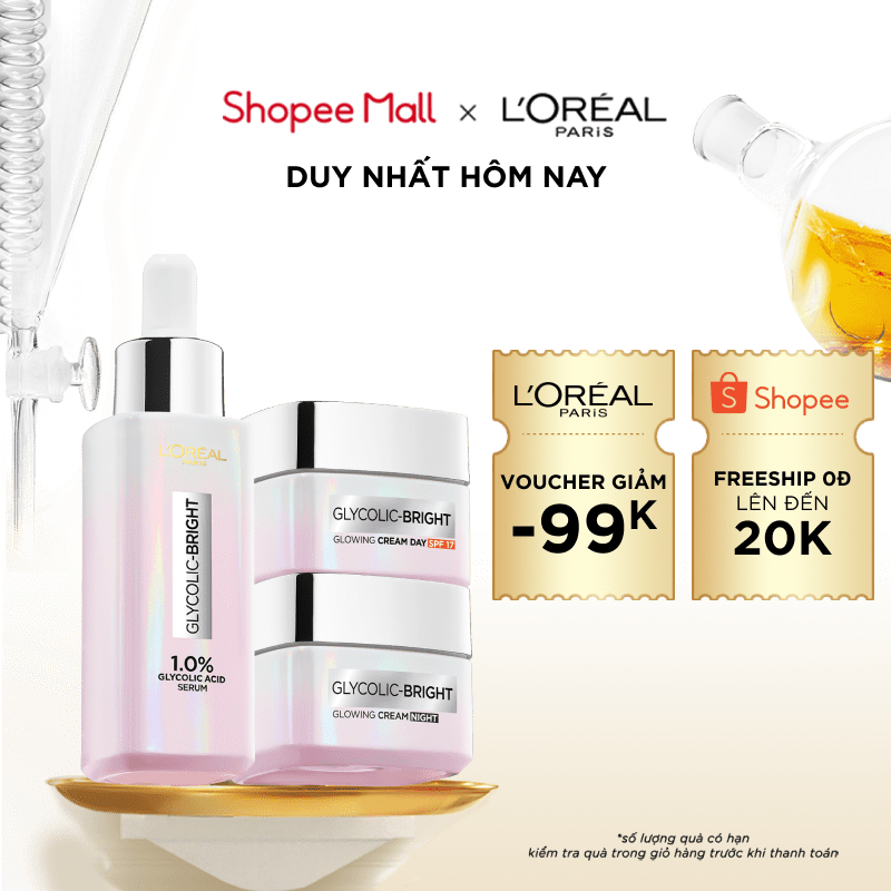Bộ Serum & Kem ngày & Kem đêm sáng da tức thì Glycolic Bright L'Oreal Paris