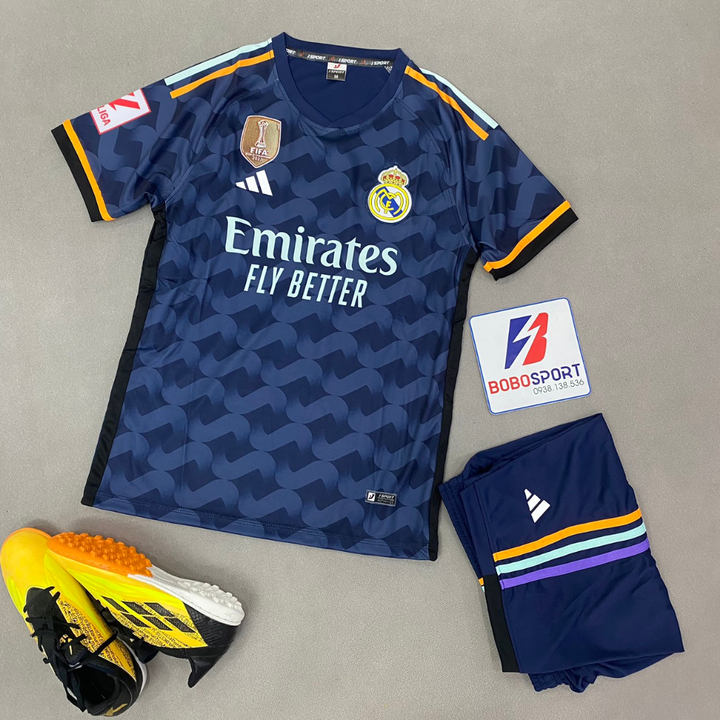 Bộ quần áo bóng đá Real xanh đen gợn sóng sân khách JP-2024FLG VĐ