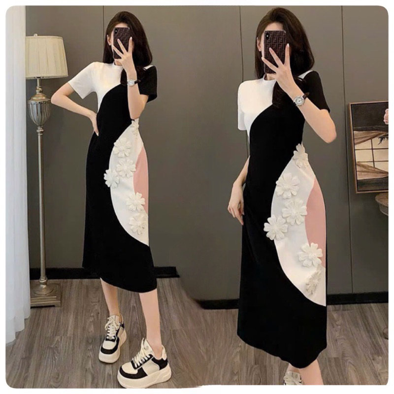 ( HÀNG QUẢNG CHÂU CAO CẤP ) VÁY SUÔNG HOA NỔI ĐÍNH CƯỜM - TÔN DÁNG CHUẨN ĐẸP