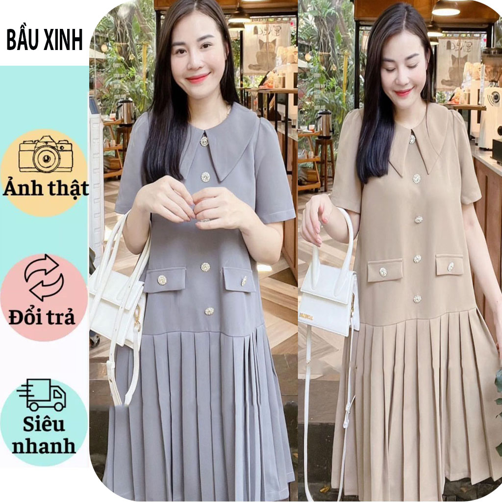 VÁY ĐẦM BẦU MÙA HÈ CÔNG SỞ DỰ TIỆC CỰC SANG-VÁY BẦU BABAY DOLL THIẾT KẾ CỔ SƠ MI ĐUÔI XẾP LY FRESIZE