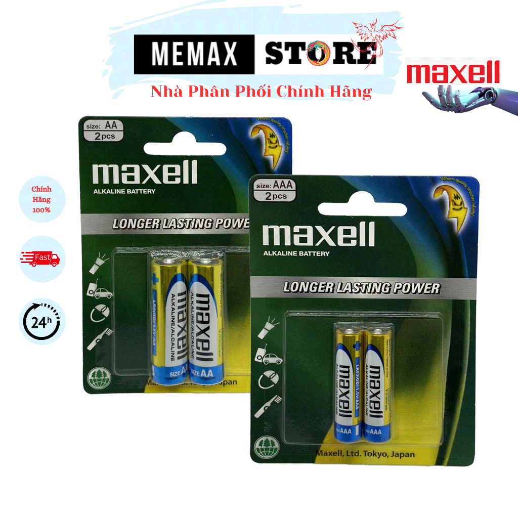Vỉ 2 viên Pin AA , AAA  Maxell Alkaline LR3 LR6 Longer Lasting Power pin siêu bền không chảy nước