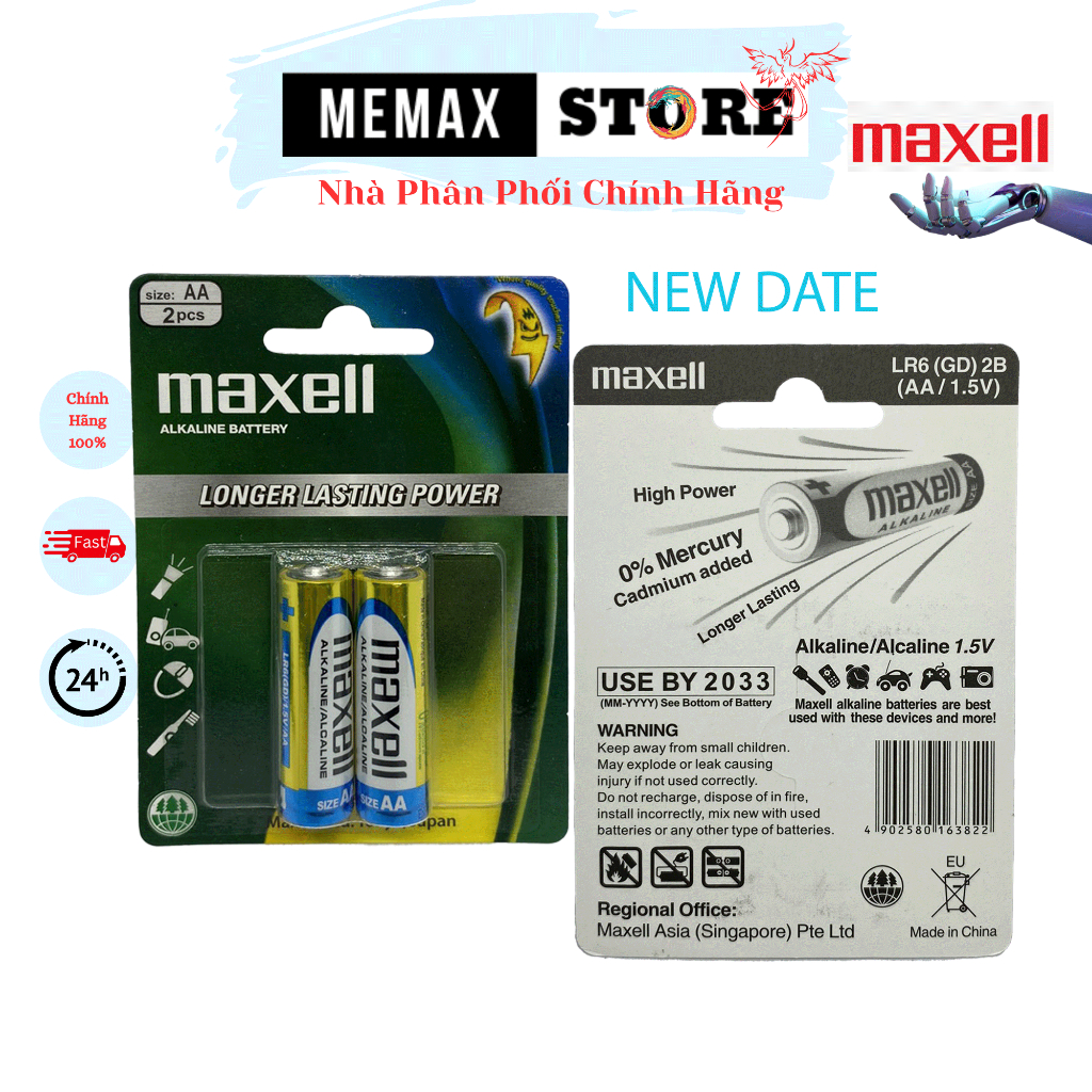 Vỉ 2 viên Pin AA , AAA  Maxell Alkaline LR3 LR6 Longer Lasting Power pin siêu bền không chảy nước