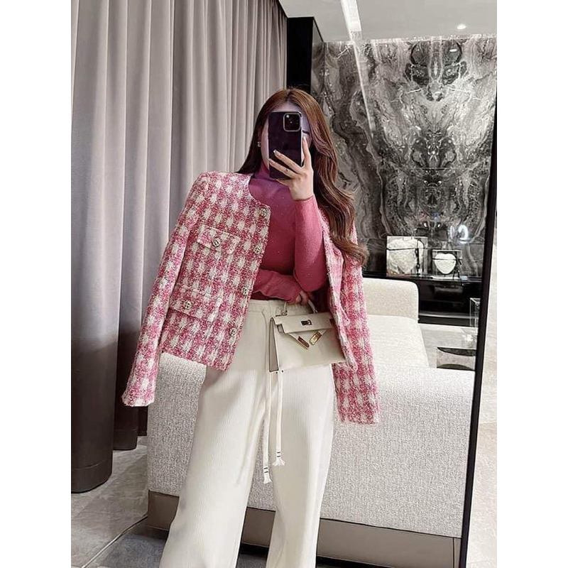 Áo dạ tweed hồng trần trám siêu dày