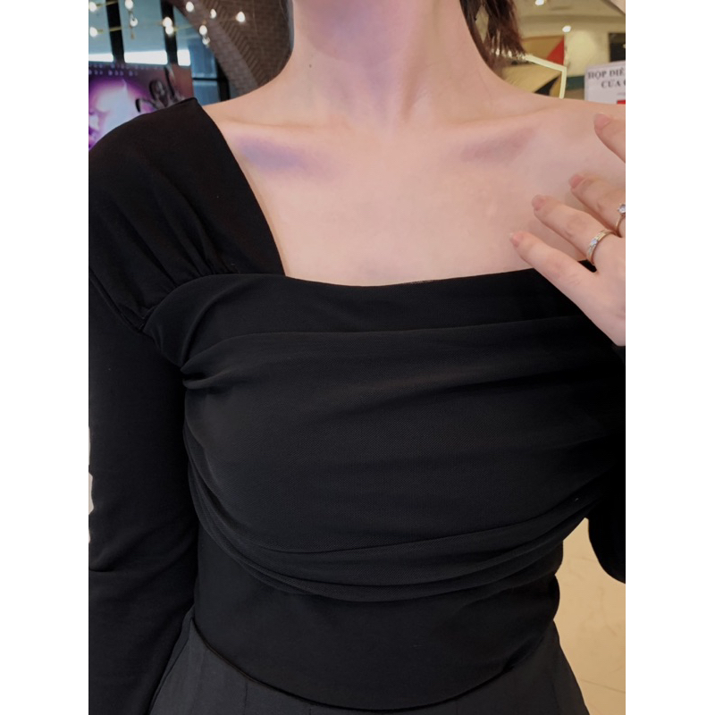 Áo hở vai nữ dài tay, áo lệch vai chất thun mịn, áo kiểu dáng ôm, co giãn,sang trọng LA CHIC