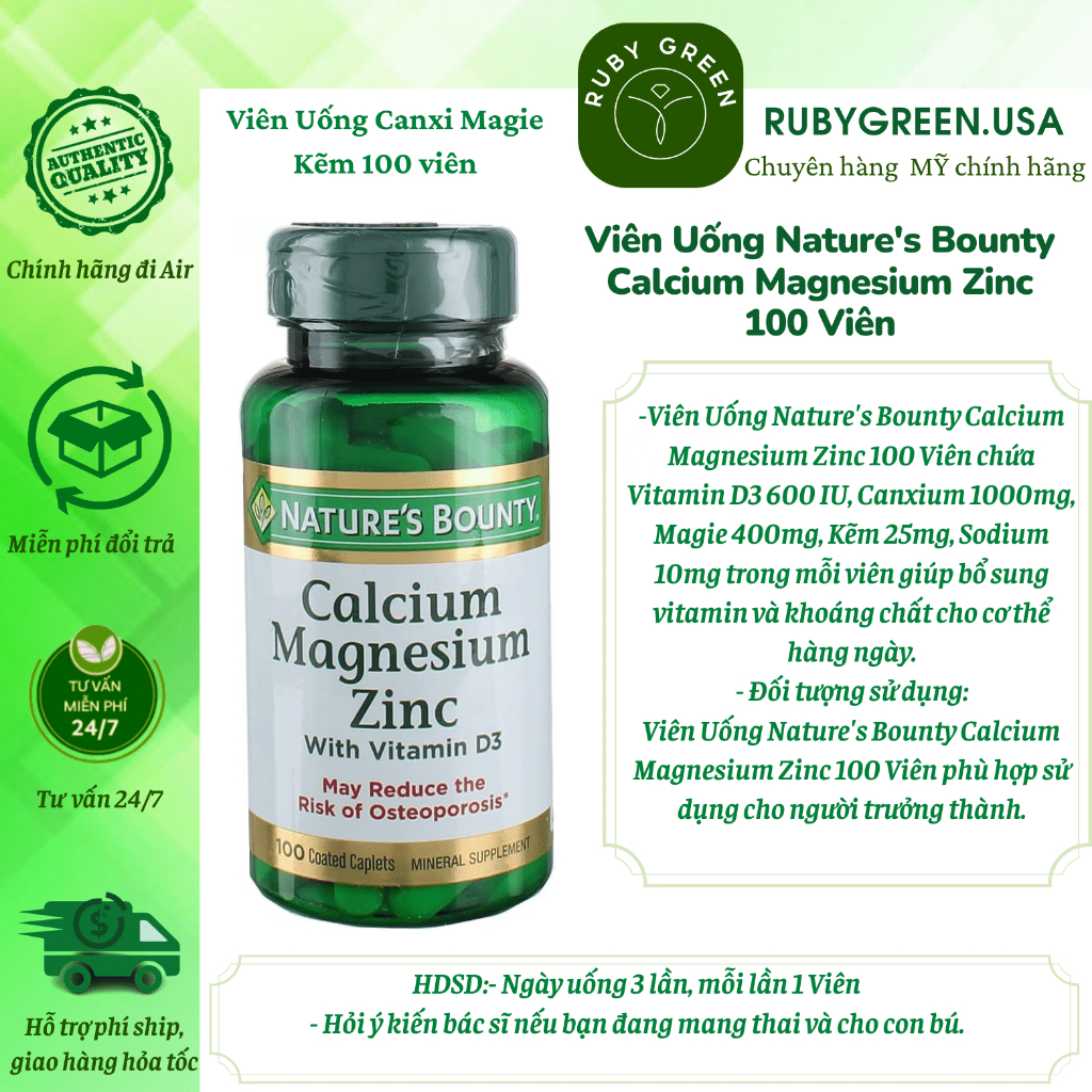 Viên uống Canxi Magie và Kẽm Nature’s Bounty Calcium Magnesium Zinc 100 viên - Tăng đề kháng - Tăng miễn dịch