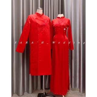 Áo dài cặp đỏ tươi thêu công
