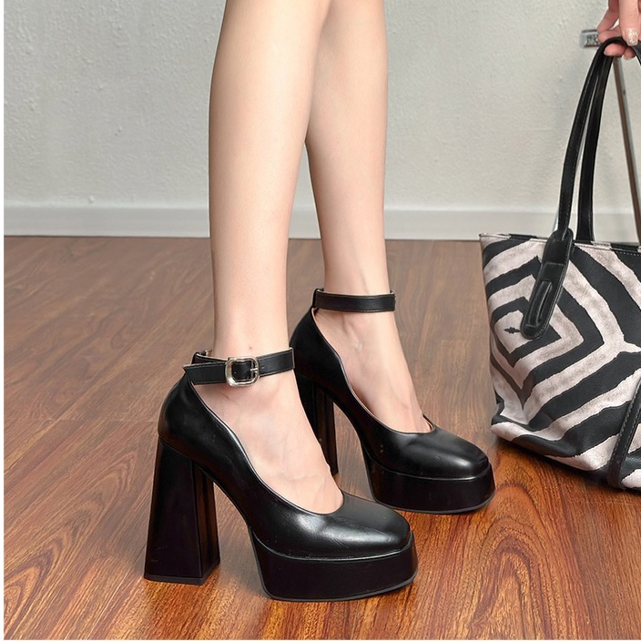 Giày cao gót nữ marry jane đế vuông 12 phân quai quấn cổ da trơn phong cách thanh lịch đi làm đi chơi