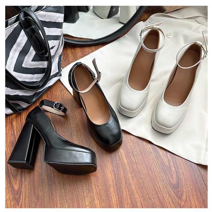 Giày cao gót nữ marry jane đế vuông 12 phân quai quấn cổ da trơn phong cách thanh lịch đi làm đi chơi