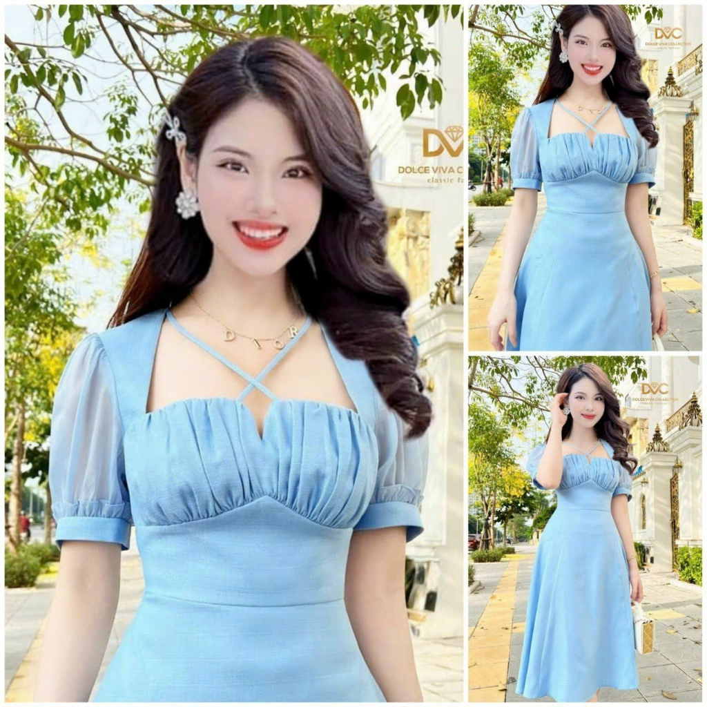Đầm maxi xanh nhún ngực rớt vai dây yếm cổ xẻ đùi cut-out lưng thiết kế dễ thương