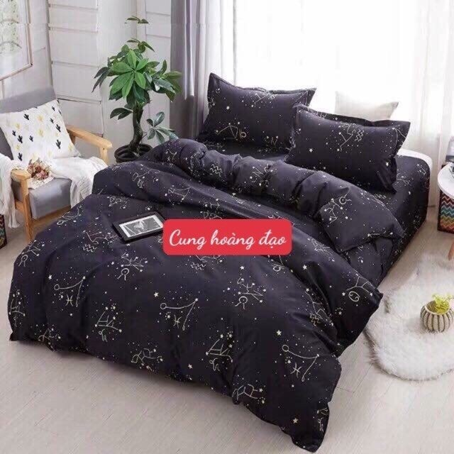 {199k đồng giá }Bộ 5 Món Vỏ Chăn Ga Gối Kèm Vỏ Gối Ôm Cotton poly mẫu cung hoàng đạo đen- Chuyengagoigiaxuong