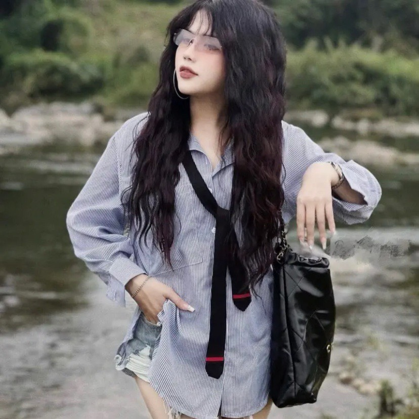 Áo sơ mi ce.lin kẻ dài tay form rộng unisex hàng Quảng Châu Cao Cấp l1