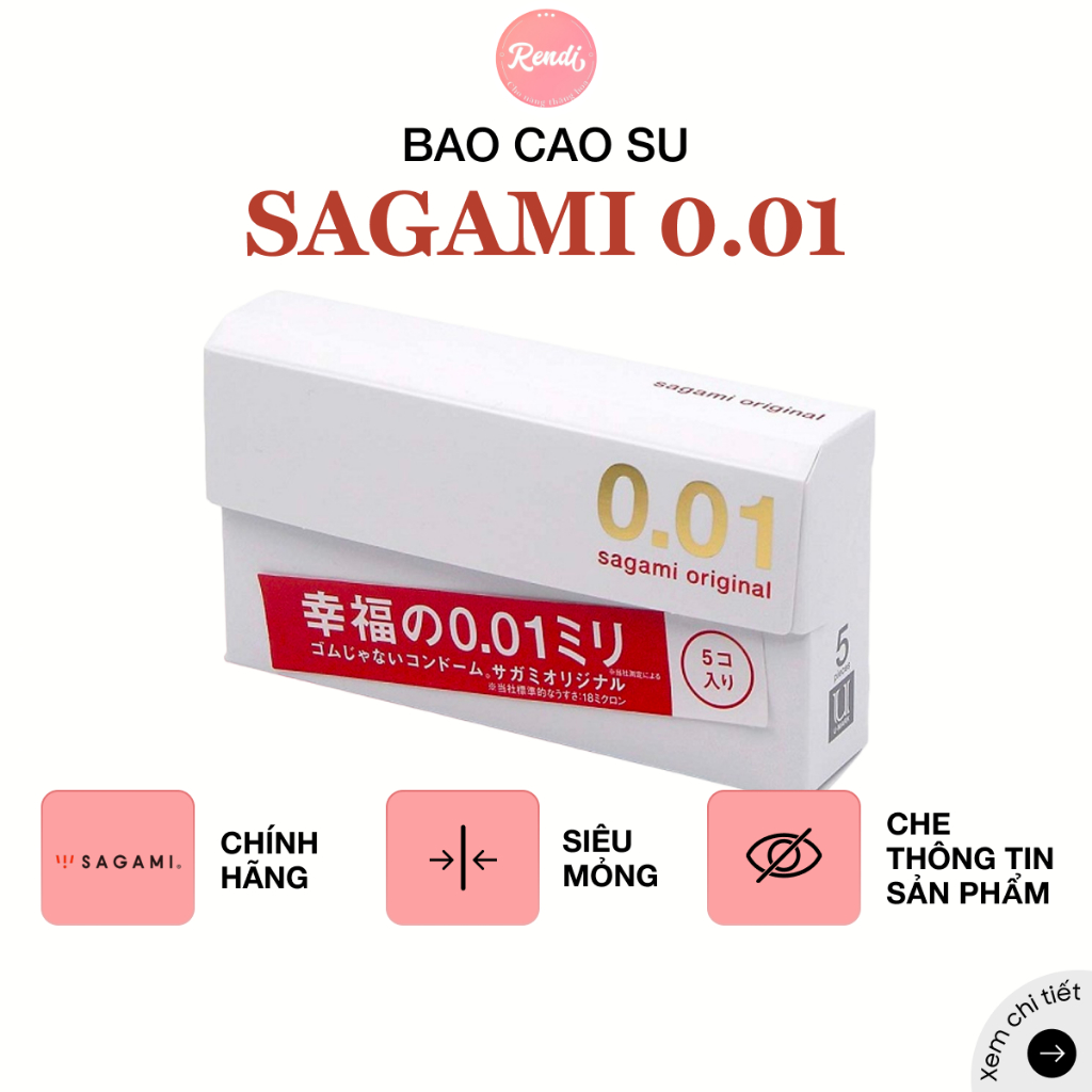 ĐEO NHƯ KHÔNG ĐEO | Bao cao su Sagami 0.01 siêu mỏng bằng 1/3 sợi tóc, siêu chân thật (5 bao/hộp) | Rendi Store
