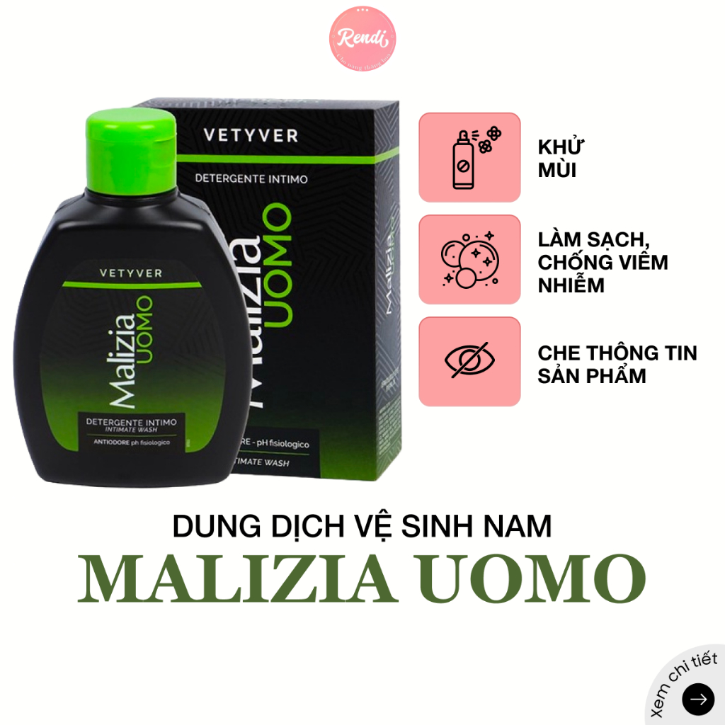 Dung dịch vệ sinh nam Malizia UOMO hương cỏ thơm Vetyver ngăn mùi 200ml | Rendi Store