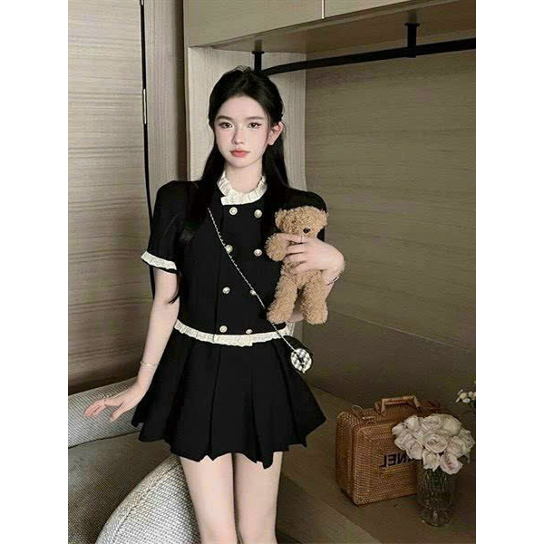 Set áo váy nữ Quảng Châu thiết kế phối viền ren siêu xinh kèm và chân váy xếp ly rẻ đẹp tiểu thư công chúa M1-18