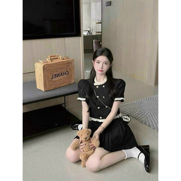 Set áo váy nữ Quảng Châu thiết kế phối viền ren siêu xinh kèm và chân váy xếp ly rẻ đẹp tiểu thư công chúa M1-18