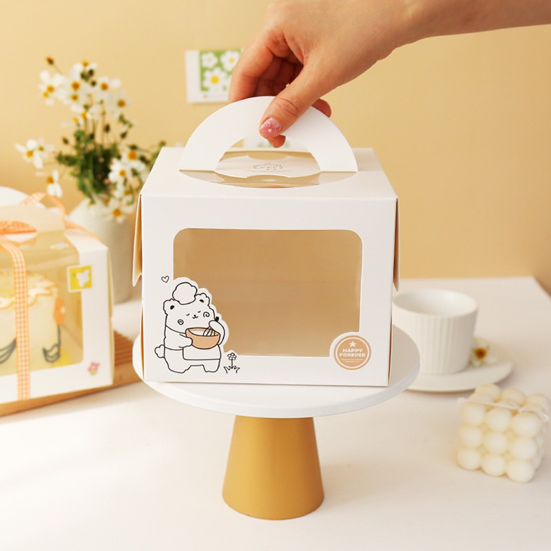 Hộp đựng bánh kem sinh nhật mini mẫu gấu, kèm đế bánh, kích thước 16x16x12.5