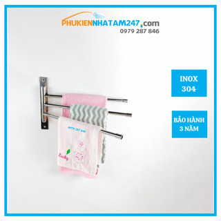 Thanh treo khăn xoay 3 chia Inox 304 PHÁT ĐẠT, máng khăn inox 3 chia, móc treo khăn xoay, treo khăn 3 chia