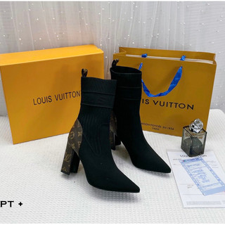 Boot len pha da lv hoa nâu gót vuông 7cm fullbox - cerihouse