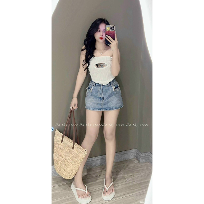 Chân váy jean dáng chữ a, chân váy bò phong cách Hàn Quốc chất liệu jean  1y