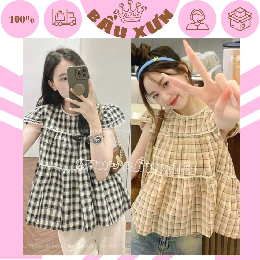 ÁO BẦU KIỂU DÁNG BABYDOLL M277 HỌA TIẾT KẺ REN- ÁO MÙA HÈ THIẾT KẾ TẦNG TRẺ TRUNG