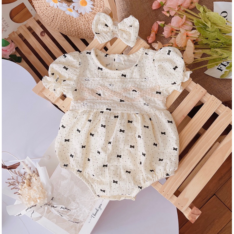 Bodysuit cộc tay kiểu dáng vintage nơ nhí siêu sang cho bé gái 4-11kg