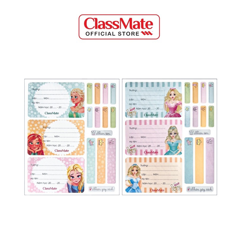 Vỉ 15 nhãn vở chính + 50 nhãn phụ mini Classmate decal dán sẵn hình công chúa cho bé gái_CL-NT226
