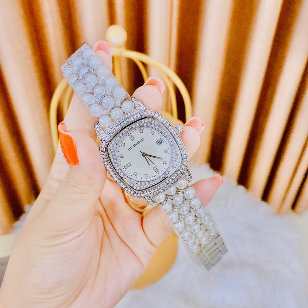 Đồng Hồ Nữ Burberry JAPAN WATCH Thiết Kế Mặt Vuông Đính Đá Dây Thép Không Gỉ Sang Trọng Size 38mm