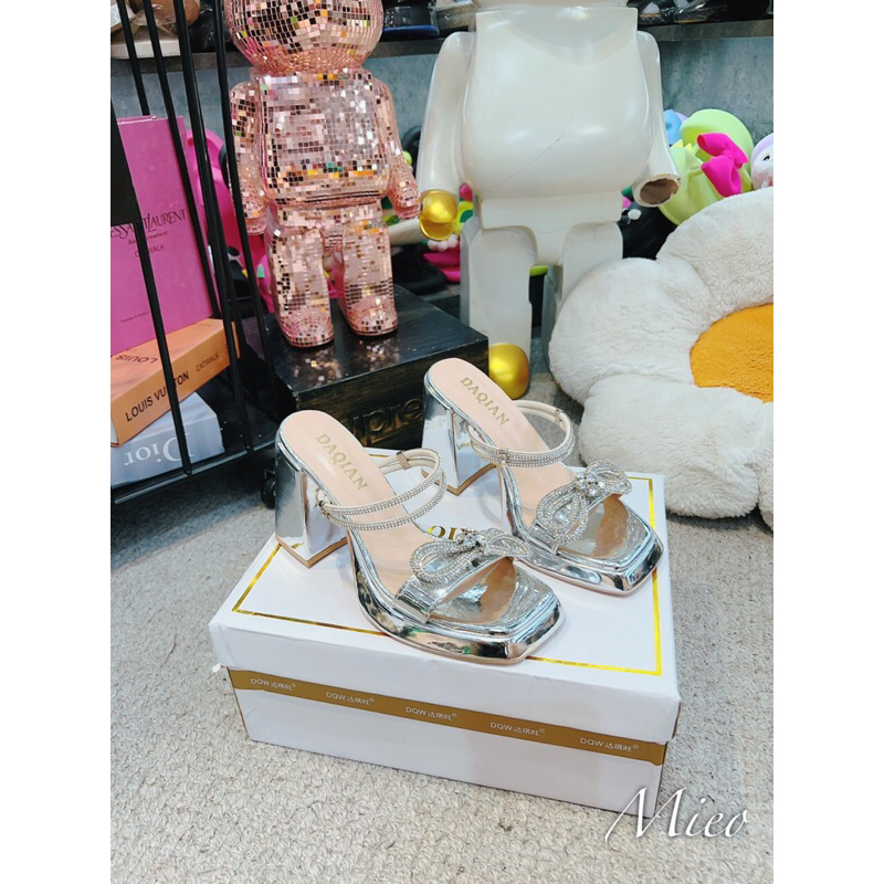 Guốc đế đúp kết nơ đá bạc bling bling đi được 2 kiểu sandal và guốc