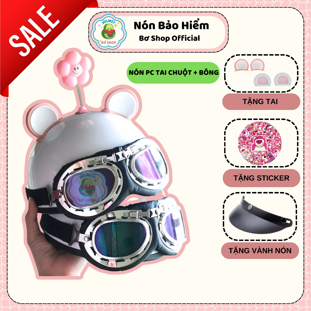 Nón Bảo Hiểm Nửa Đầu Kính Phi Công Kèm Tai Chuột 2 Màu Và Bông Hoa Cute,Phụ Kiện Trang Trí Mũ Bảo Hiểm Bơ Shop