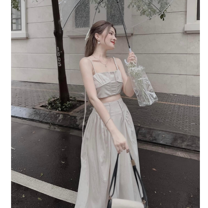 Set áo croptop 2 dây quyến rũ mix váy dài cực sang