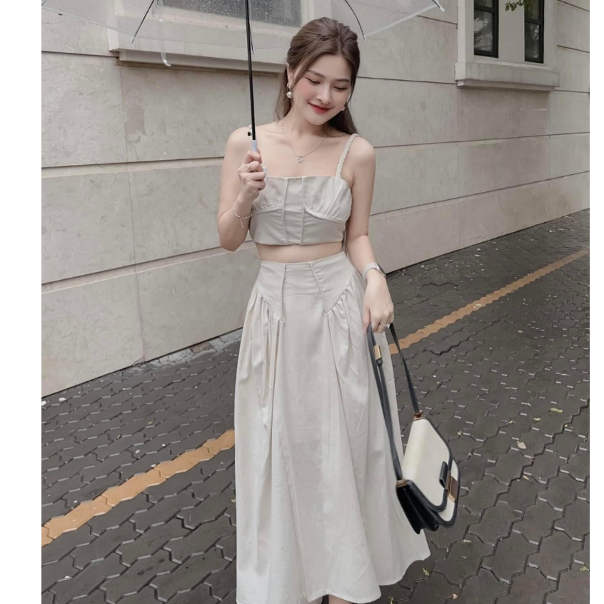 Set áo croptop 2 dây quyến rũ mix váy dài cực sang