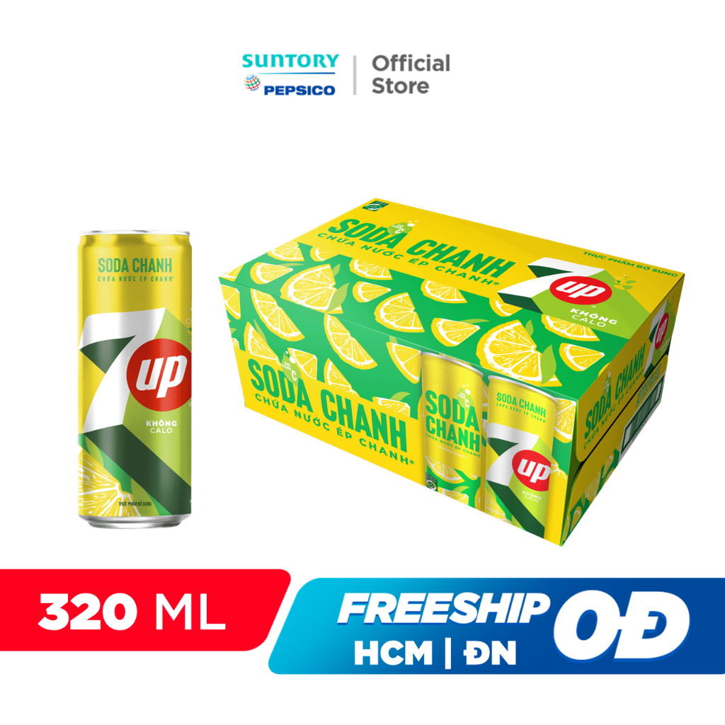 Thùng 24 Lon Nước Uống Có Gaz 7UP Soda Chanh Không Calo (320ml/lon)