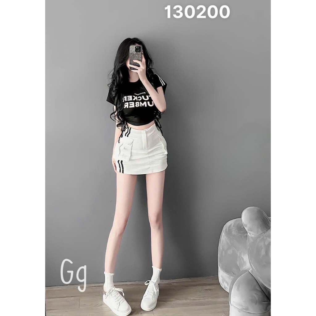Sét bộ áo croptop tay ngắn in chữ phối chân váy túi hộp 2 sọc bên cực hot , chất thun gân váy tuyết mưa