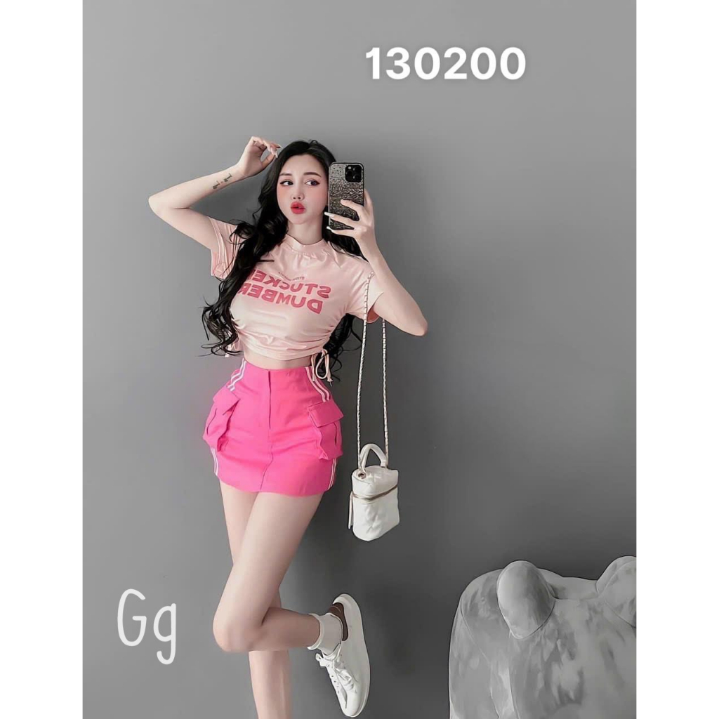 Sét bộ áo croptop tay ngắn in chữ phối chân váy túi hộp 2 sọc bên cực hot , chất thun gân váy tuyết mưa