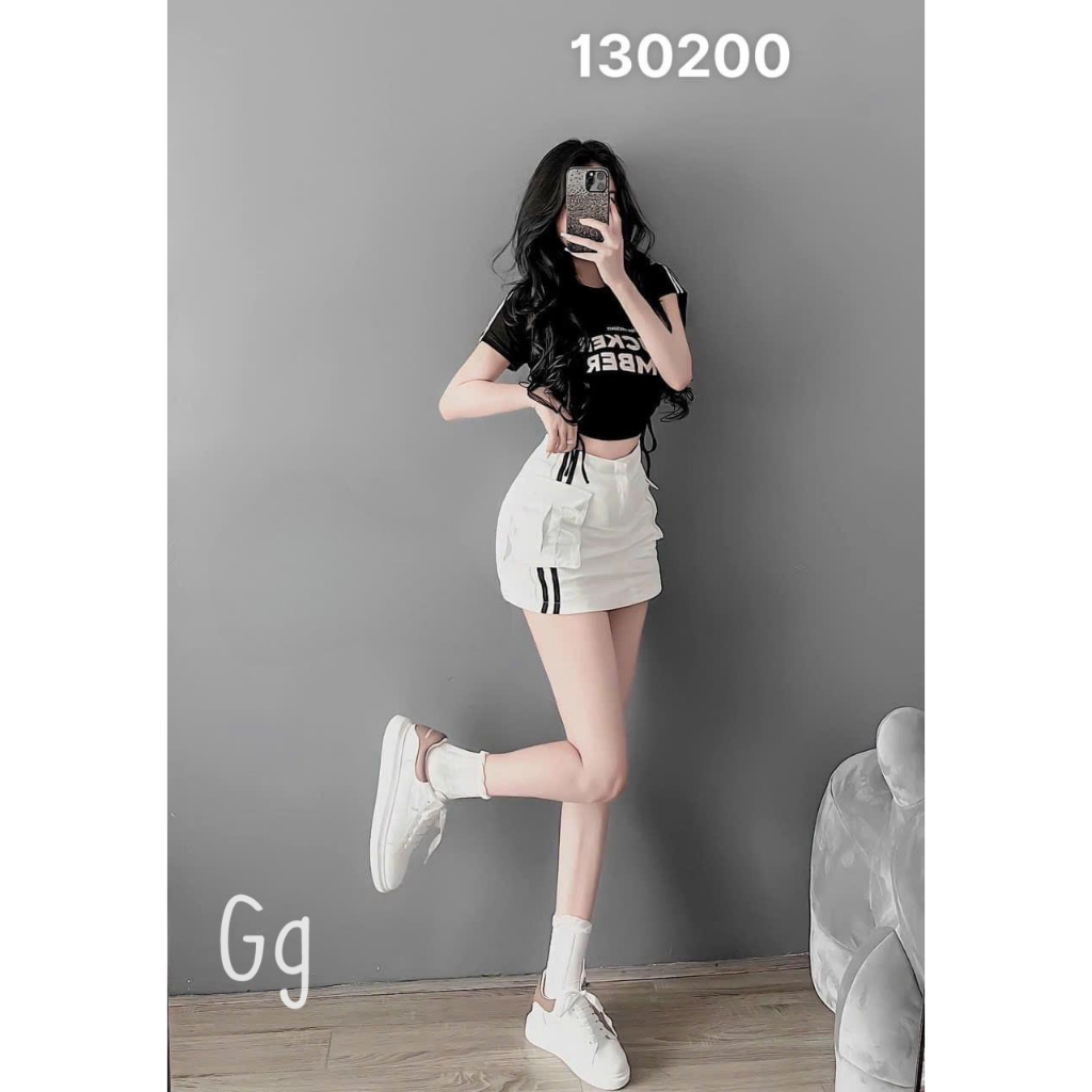 Sét bộ áo croptop tay ngắn in chữ phối chân váy túi hộp 2 sọc bên cực hot , chất thun gân váy tuyết mưa