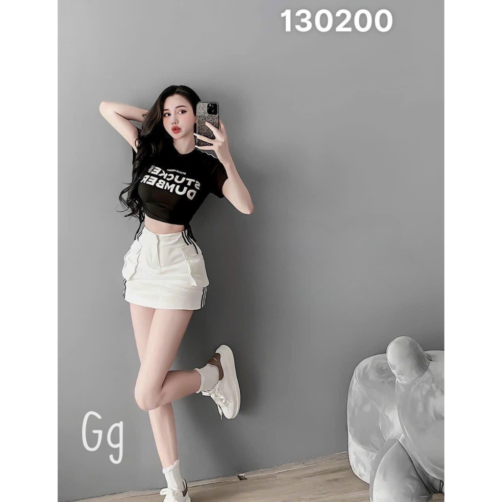 Sét bộ áo croptop tay ngắn in chữ phối chân váy túi hộp 2 sọc bên cực hot , chất thun gân váy tuyết mưa