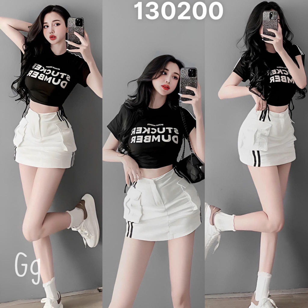 Sét bộ áo croptop tay ngắn in chữ phối chân váy túi hộp 2 sọc bên cực hot , chất thun gân váy tuyết mưa