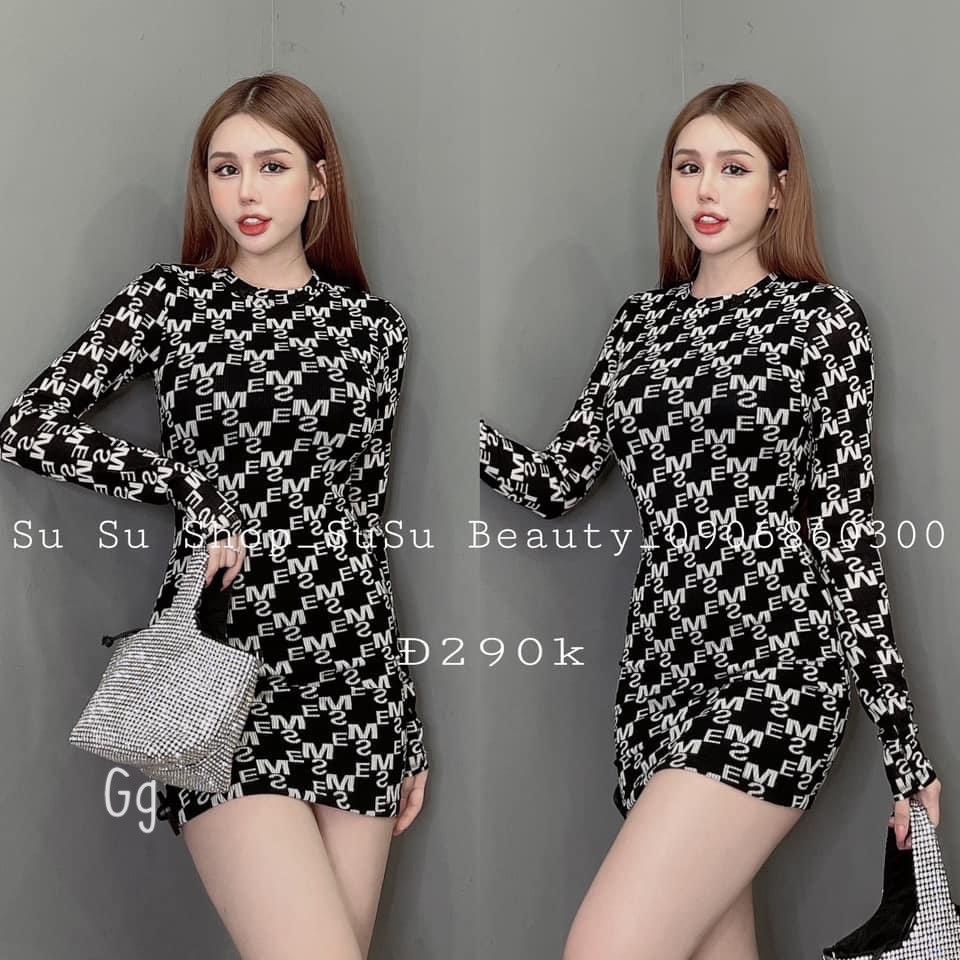 Đầm gân ép chữ M tay dài cổ tròn ôm body dáng ngắn cực hot , chất thun gân dày dặn