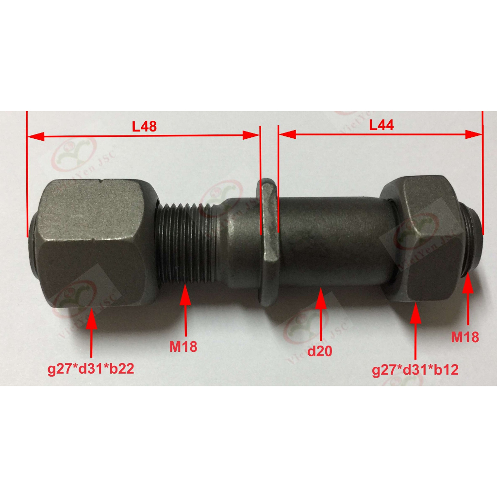 Bu lông tắc kê sau xe Forcia 900 kg, Vinaxuk mã số EQ1028/1023, thân M14/M14, d15/d16*L70, ê cu G22. Trái phải khác nhau