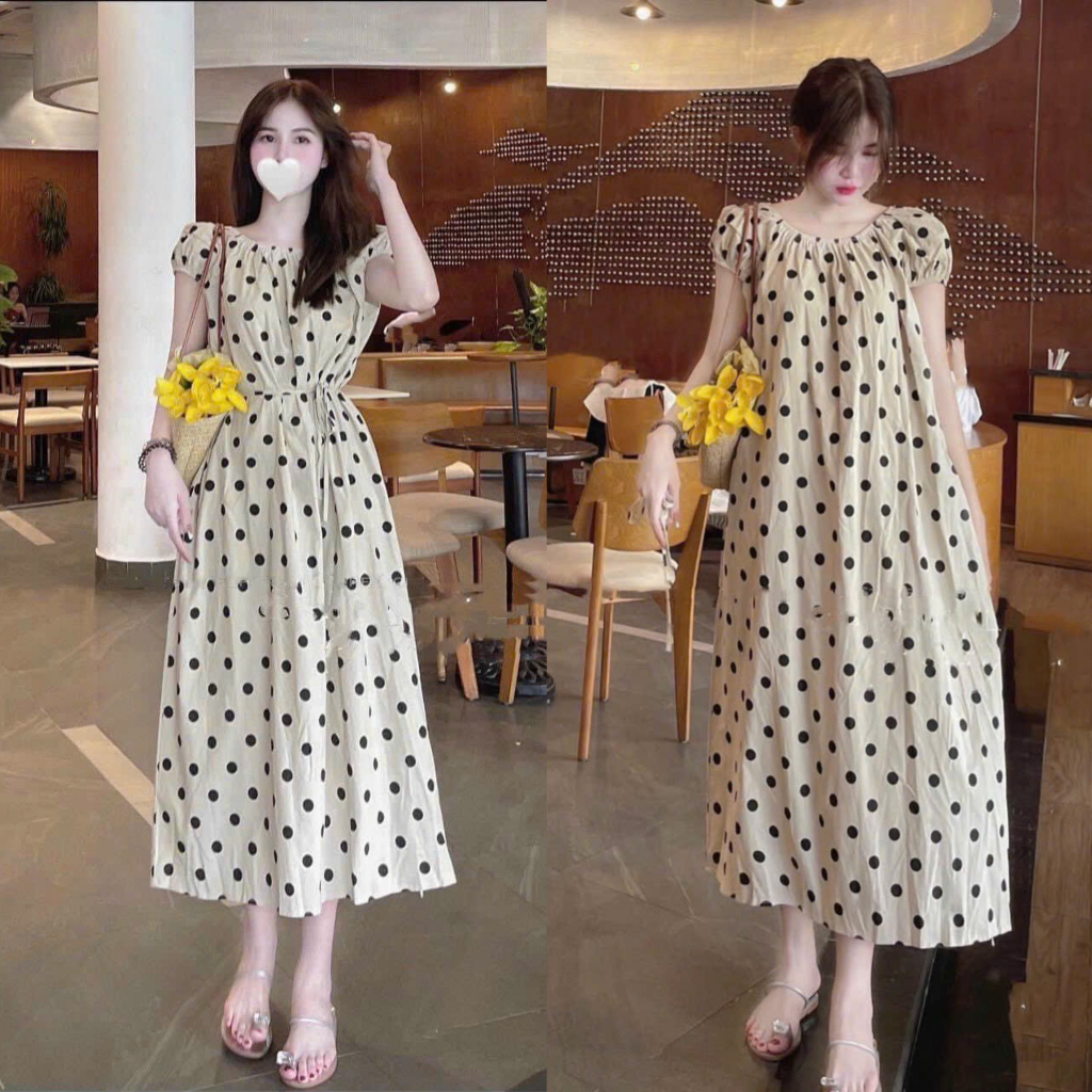 Đầm váy nữ mặc được 2 kiểu họa tiết chấm bi cùng tone màu nude nhẹ nhàng dành cho các nàng, mẹ bầu đi chơi dạo